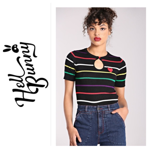 💵NWT Hell Bunny Black Top with Colorful Stripes Size XSMALL - Picture 1 of 15